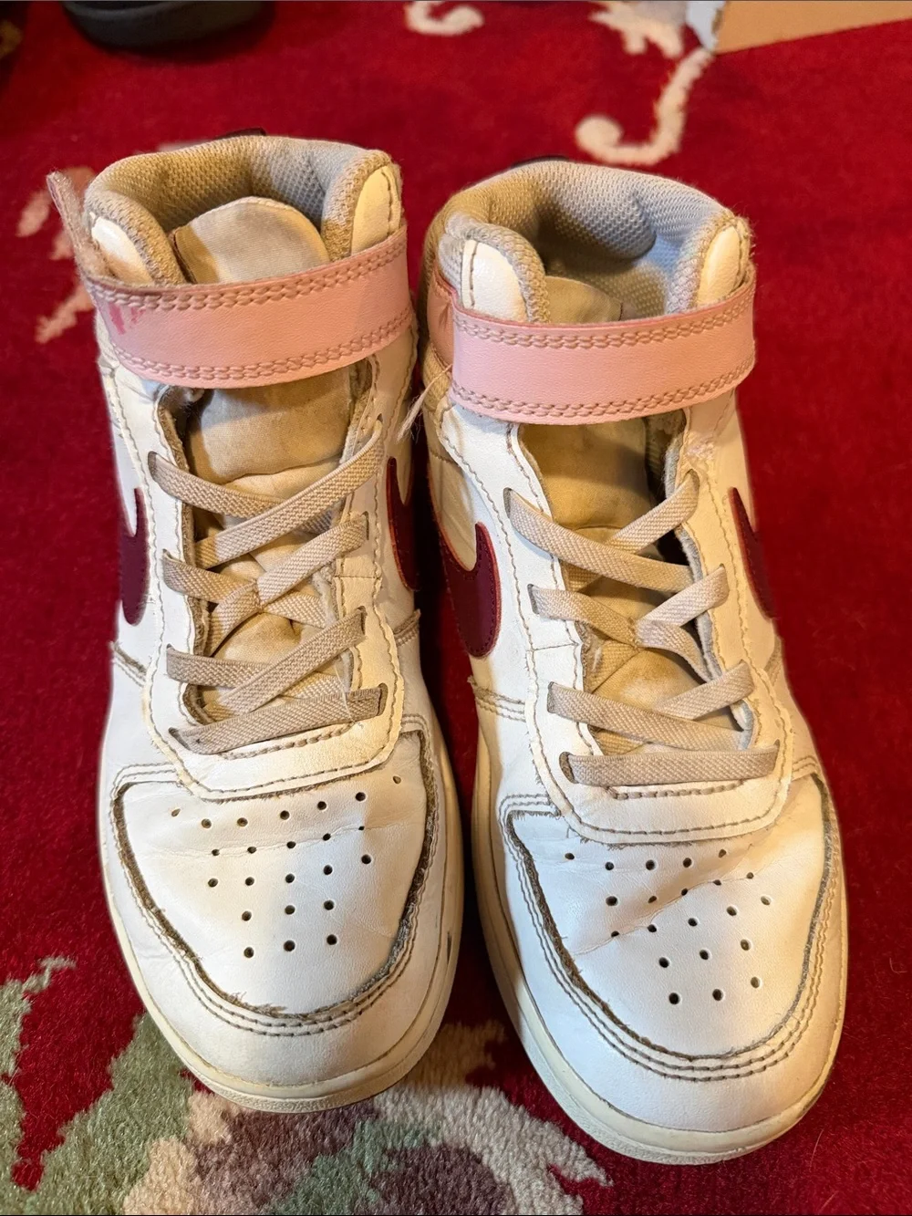 Nike Kids White and Maroon High-Top Sneakers with Pink Strap